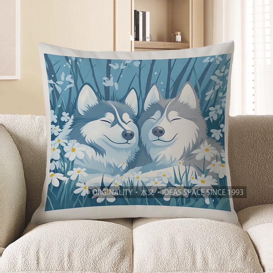 Home Decor Cute Husky Couple In Flower Garden Pillow Cover Pattern Cushion Cover Suitable For Sofa Bedroom Car Pillow Cover