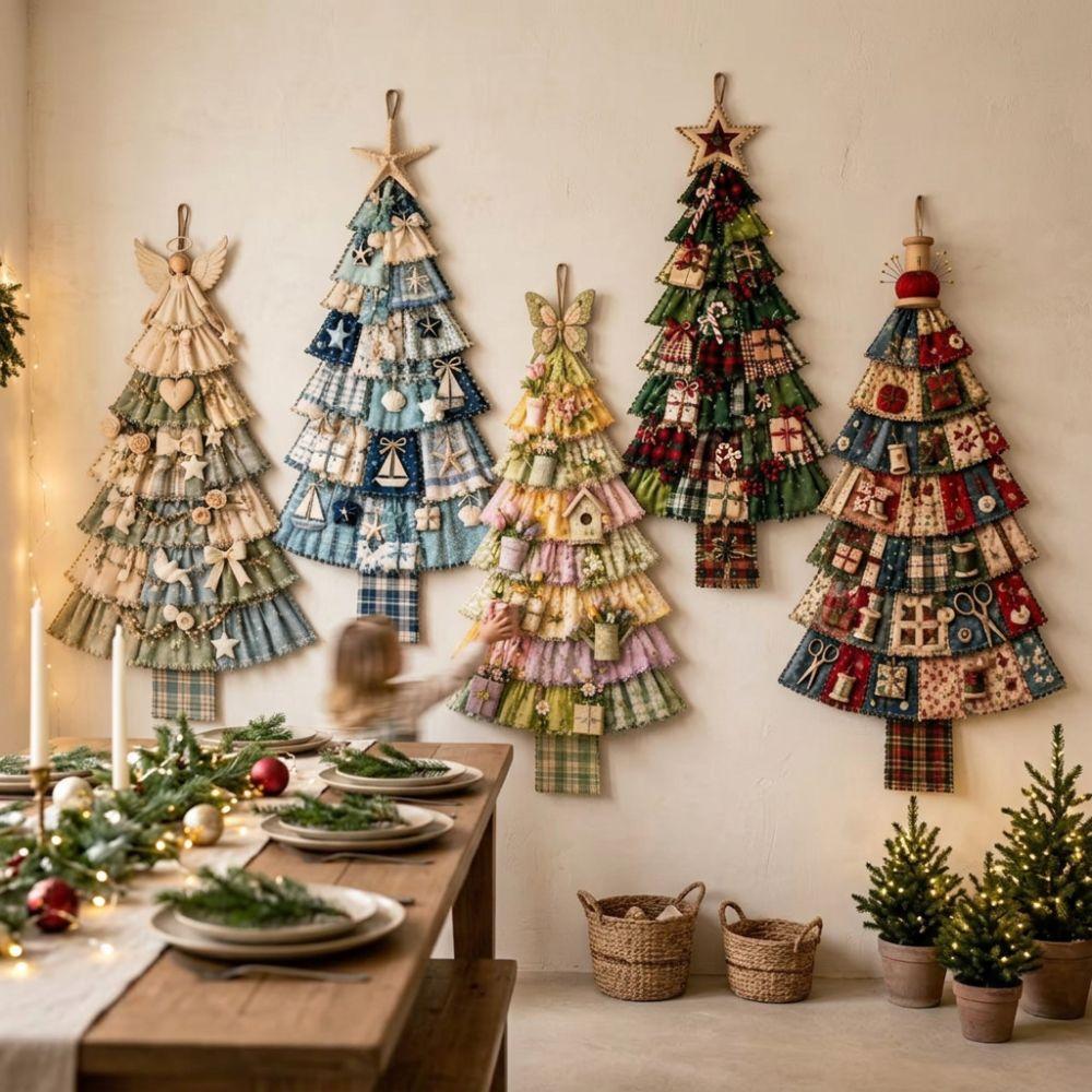Vintage Patchwork Christmas Tree Door Hanging Handmade Hand-Sewn Oversized Fabric Christmas Tree Cozy Soft Plaid Print