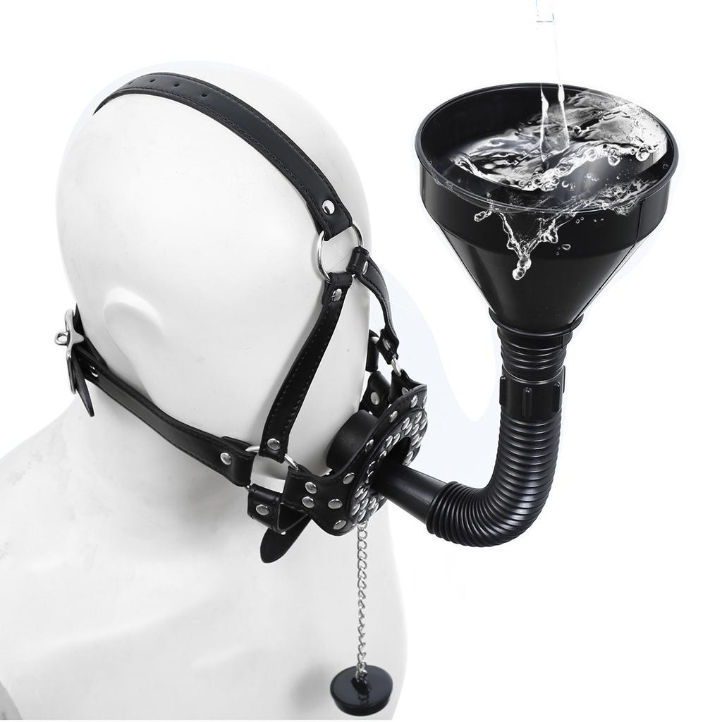 Fetish Slave Water Funnel More Nail Bondage Plug Mouth kit Strap Cap Bondage Leather Mask Funnel Oral Enema Drool Plug Gag Head