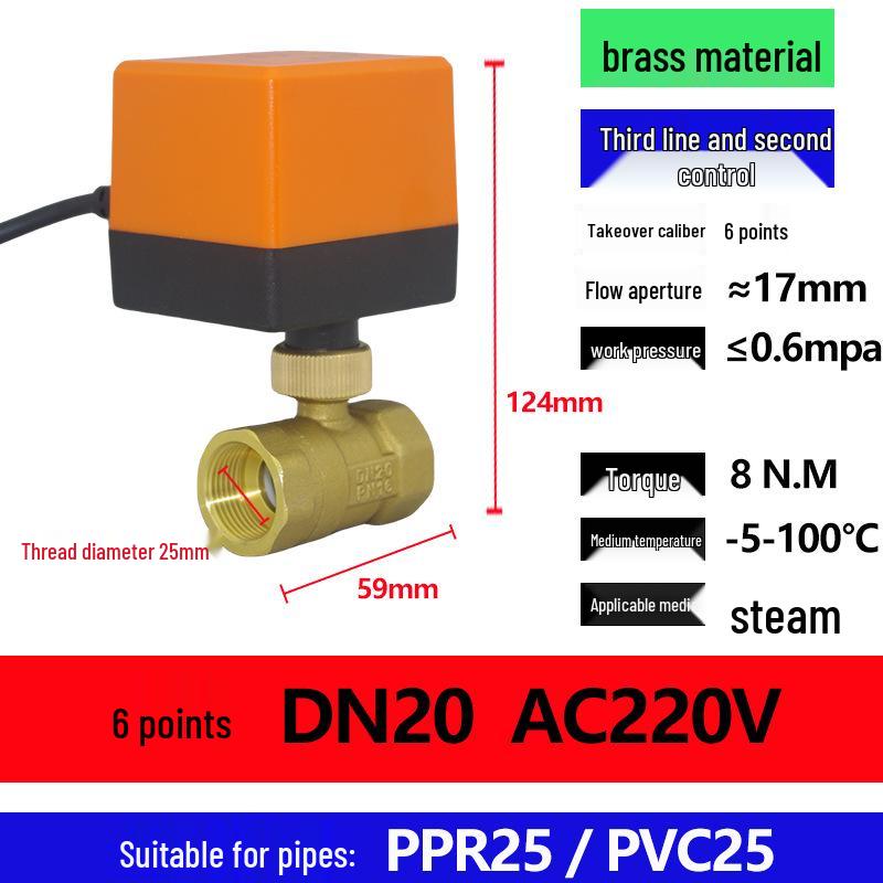 Electric Copper Ball Valve, Two/Three-Way Control, for 220V, 12V, 24V Systems - Ideal for AC, Fan Coil, Solar Applications, 4-Point Connection