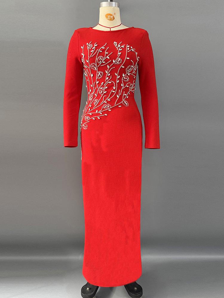 European Hand-Beaded Diamond Bodycon Long-Sleeve Banquet Bandage Dress