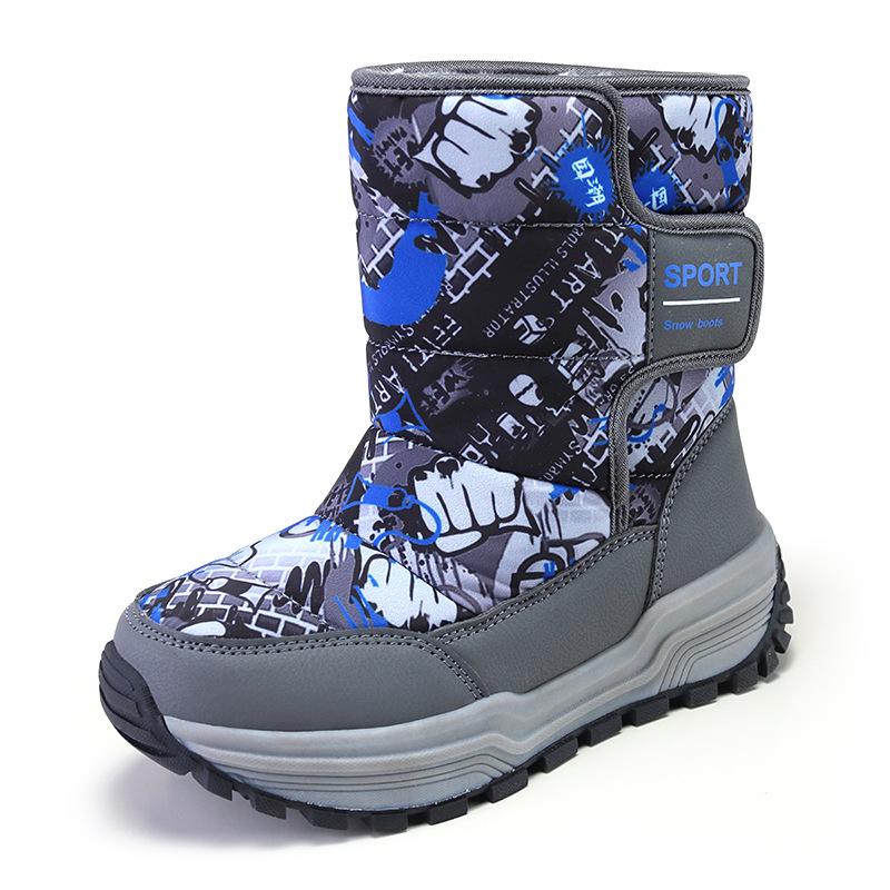 Chlapecké zimní 2025 vysoké sněhule s hustou plyšovou podšívkou - bavlněné outdoorové boty pro děti