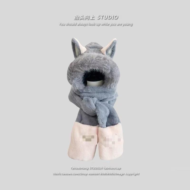 Cute capybara hat scarf gloves integrated women's winter windproof warm plush three-piece hat