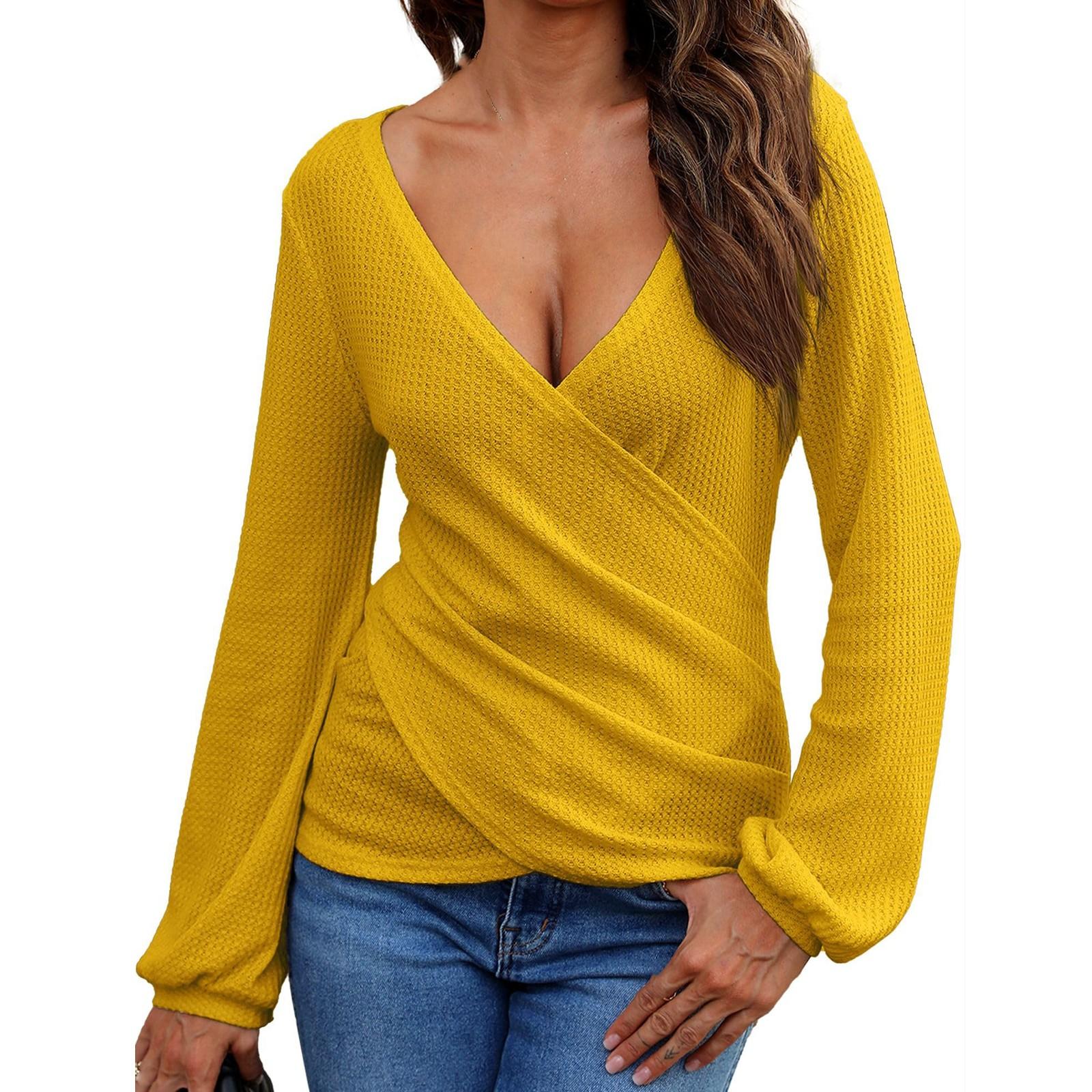 

Женский однотонный топ с длинным рукавом, сексуальный повседневный топ с воротником XL жёлтый