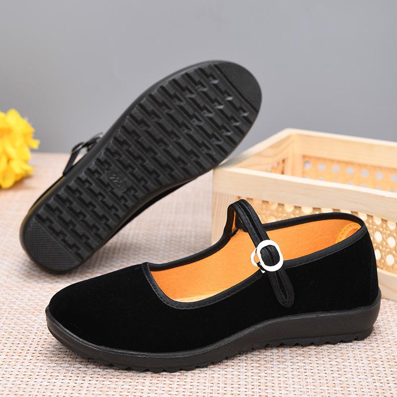 Polyurethane velvet women's single black flat heel square dance etiquette tooling hotel waiter cloth shoes ethnic style