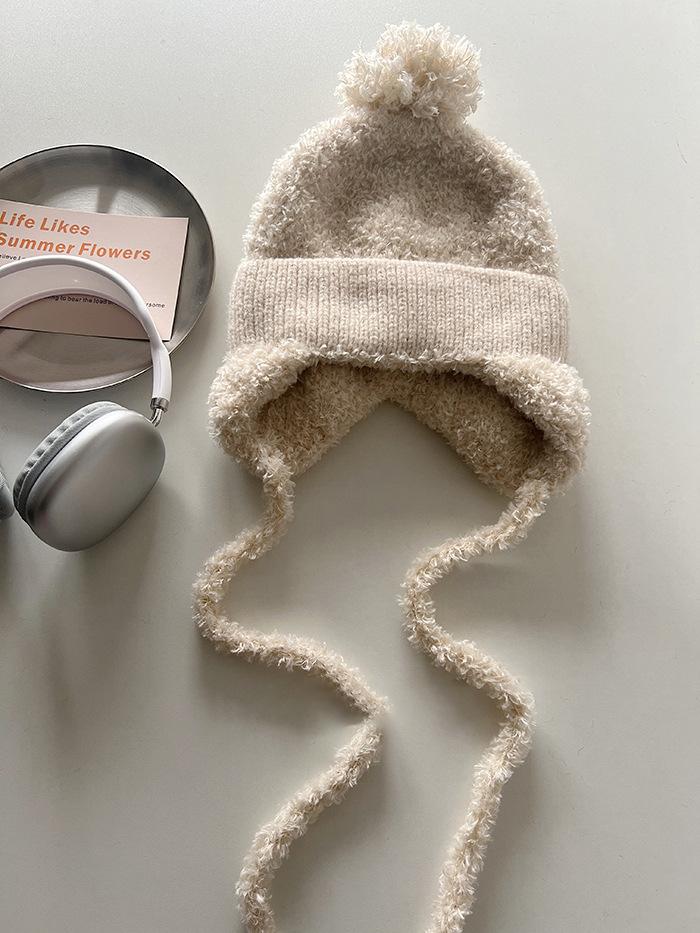

Милая вязаная шапка с косичкой, помпоном и защитой ушей, теплая утолщенная шерстяная шапка, женский тренд Adult (56-58cm) бежевый