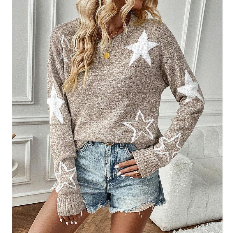 Women's Crew Neck Long Sleeve Star Print Knit Sweater Loose Fit Casual Pullover Top