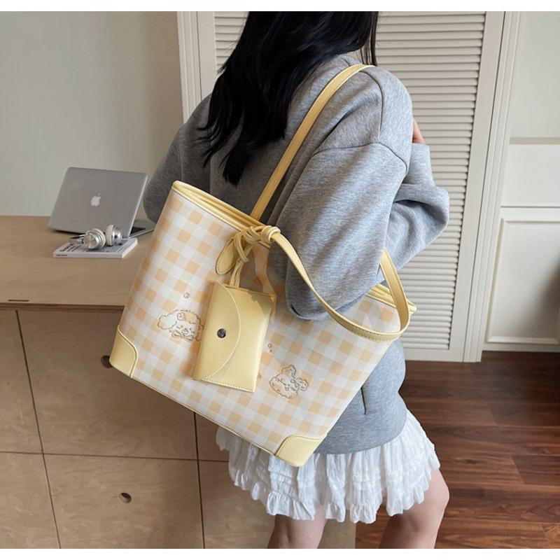 Large-capacity Bag Women's Summer Versatile New Casual Plaid Shoulder Bag Textured Commuter Tote Bag