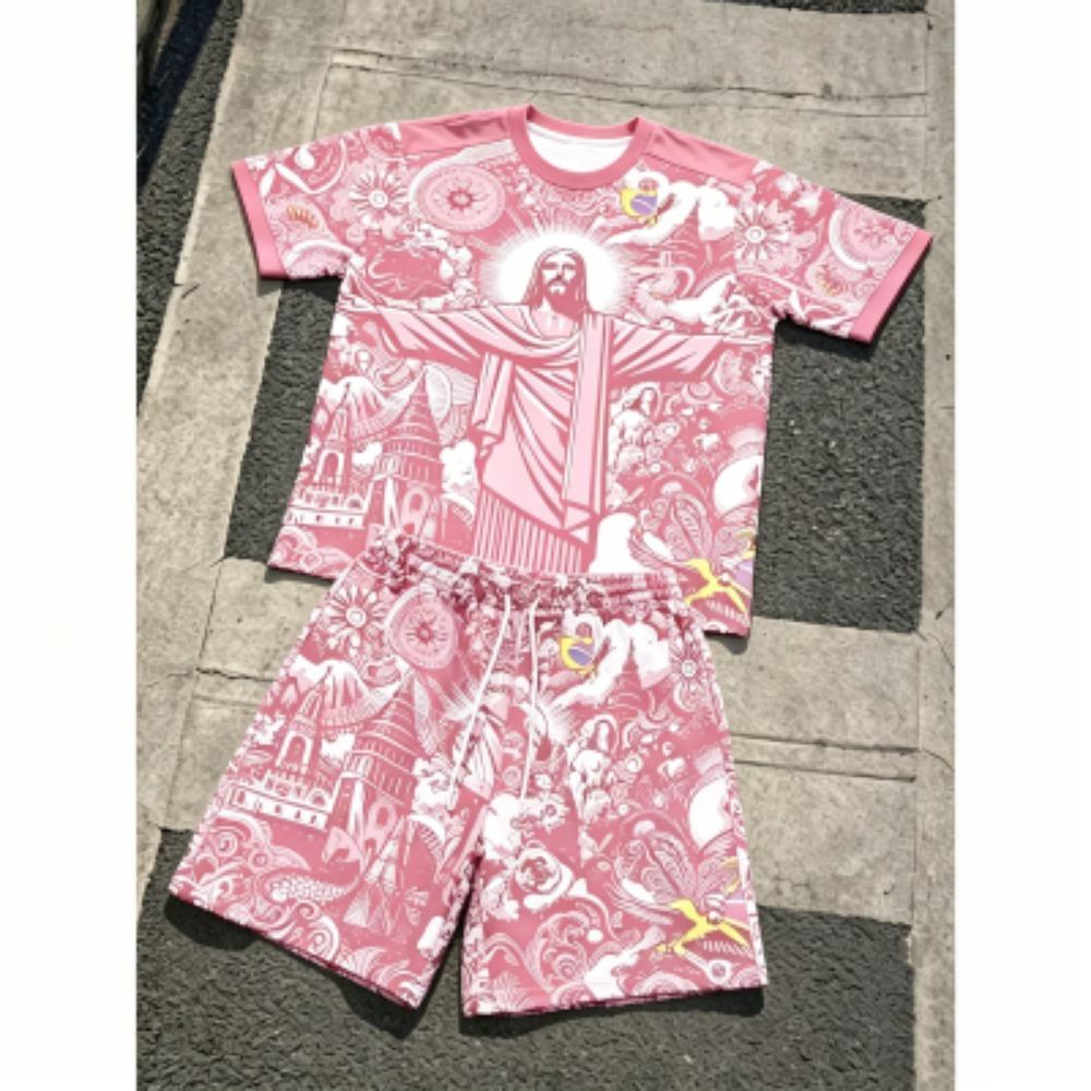 Fashion JESUS Printing Outdoor Street Men's T-shirt and Shorts 2 Piece Set Summer Casual Outfit Men's and Women's Sports Set