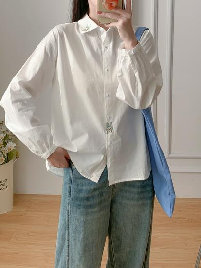 Women's Embroidered Cat Turn-Down Collar Long-Sleeve Shirt, White Pure Cotton, Slim Fit, Versatile Campus Style