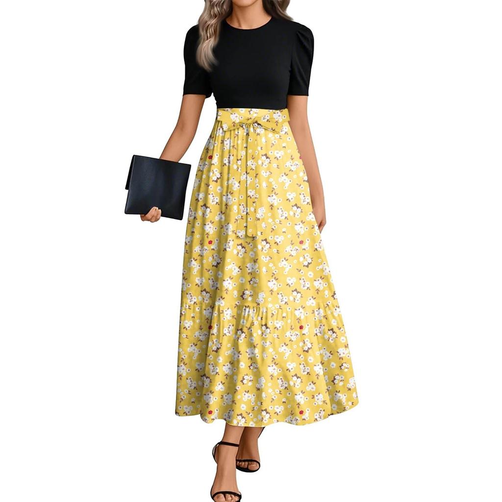 Women's Floral Print High Waist Fashionable And Elegant Dress