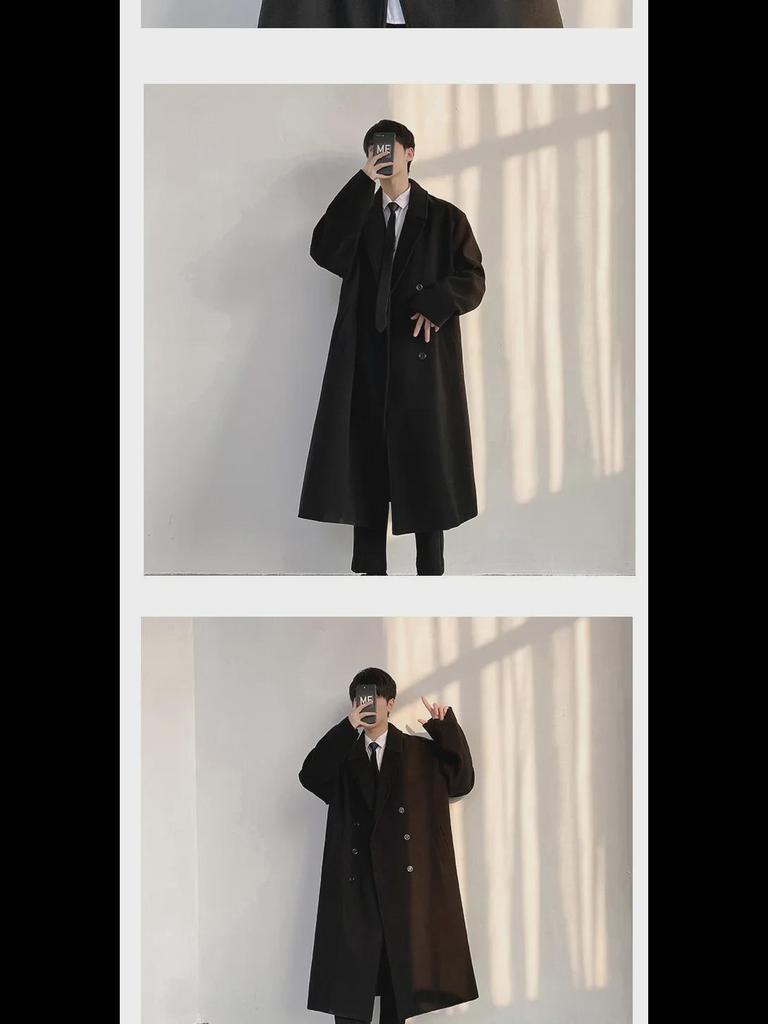 Abrigo de lana coreana de longitud media para hombre - Cortavientos de algodón liso estilo Hong Kong por encima de la rodilla