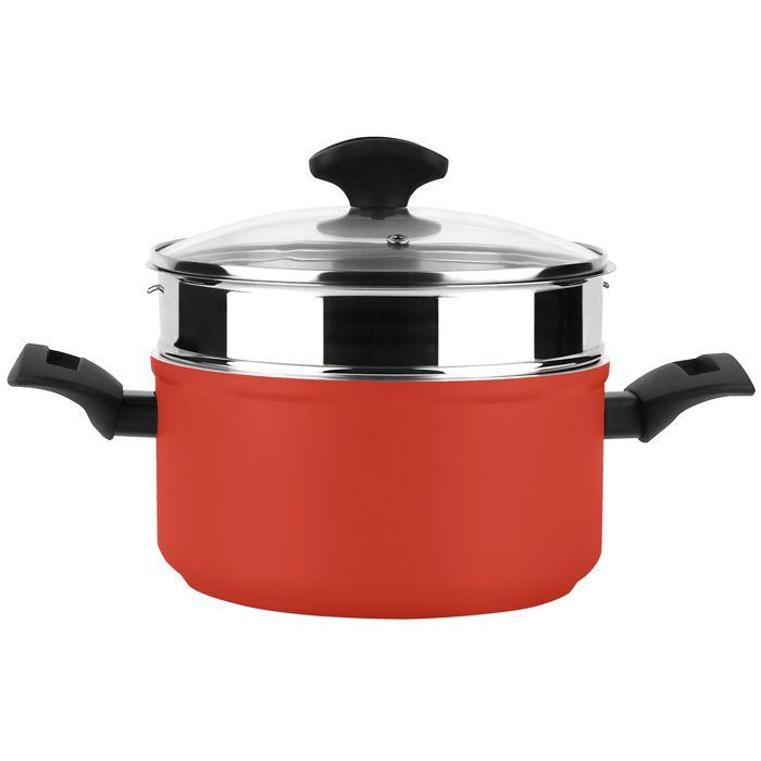 Faitout à vapeur - FAGOR - Maxima - 20 cm - Acier inoxydable - Couvercle en verre rouge