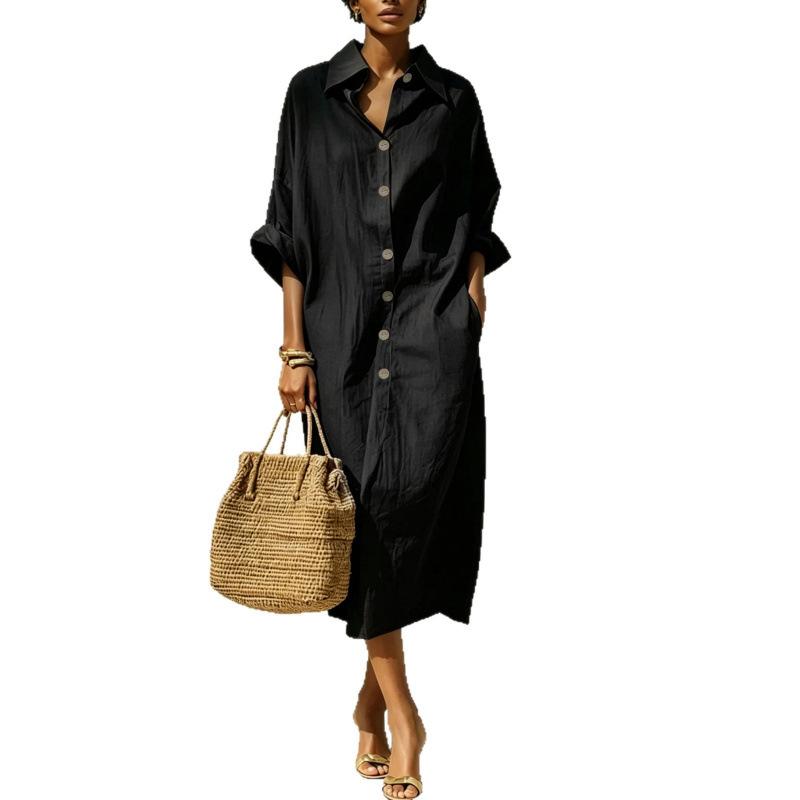 European and American women's new loose long single-breasted lapel design shirt dress women