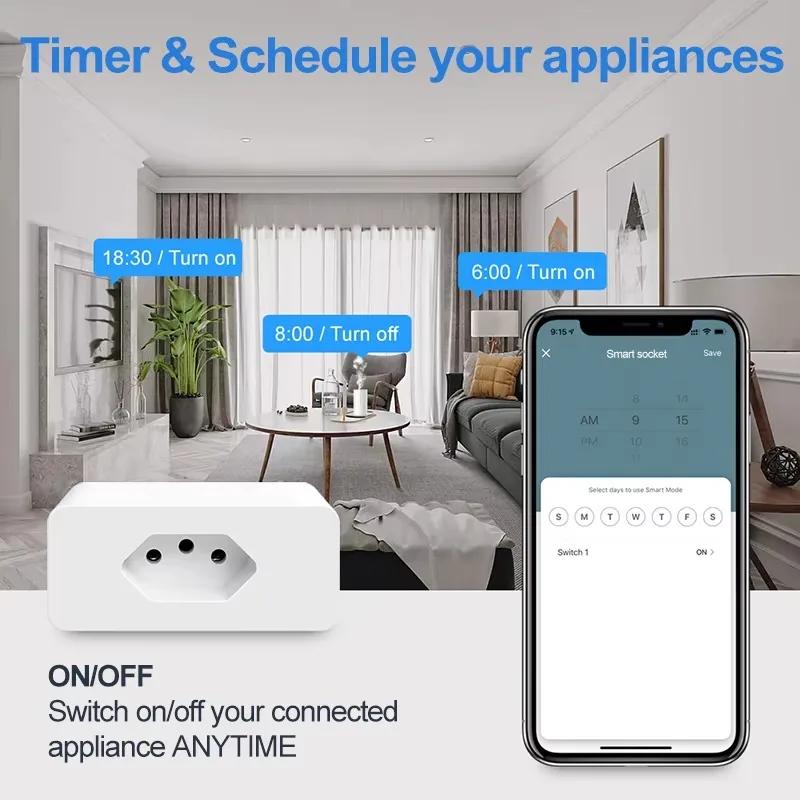 Tuya 16A Smart Life APP Remote Compatible Smart Socket Brazil Standard WiFi Smart Plug Voice Work for Google Home Alexa