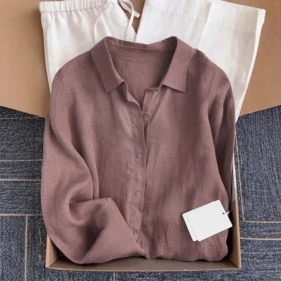Camicia da donna in lino stile francese per la primavera/estate: Top casual a maniche lunghe in cotone e lino, dalla vestibilità morbida
