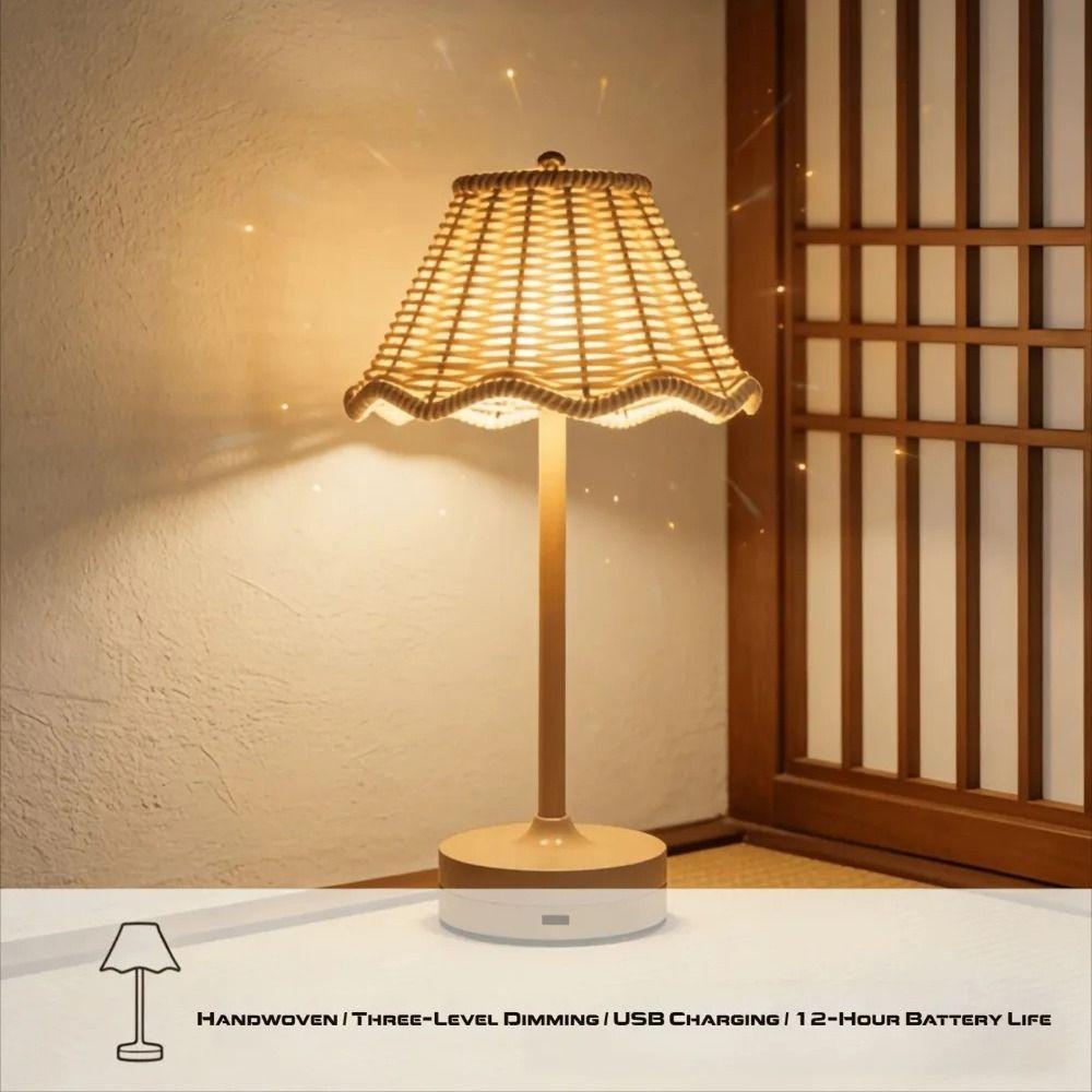 Touch Sensor Rattan Desk Lamp Adjustable Brightness LED Night Light Bedside Light