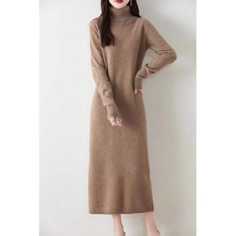 Dámské přeshraniční pletené šaty z čisté vlny s vysokým výstřihem: Zeštíhlující, Volný střih, Nad koleno, Střední délka.