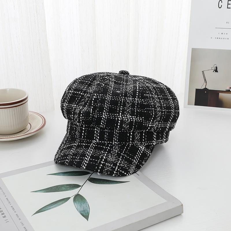 Black and White Cotton New Face-showing Plaid Striped Octagonal Beret Dome Fashionable Women's Hat Brim Strap