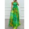 Women Halter Neck Sleeveless Printed Tie Waist Flowy Hem Dress, Casual Fashion Summer Dress for European American Women