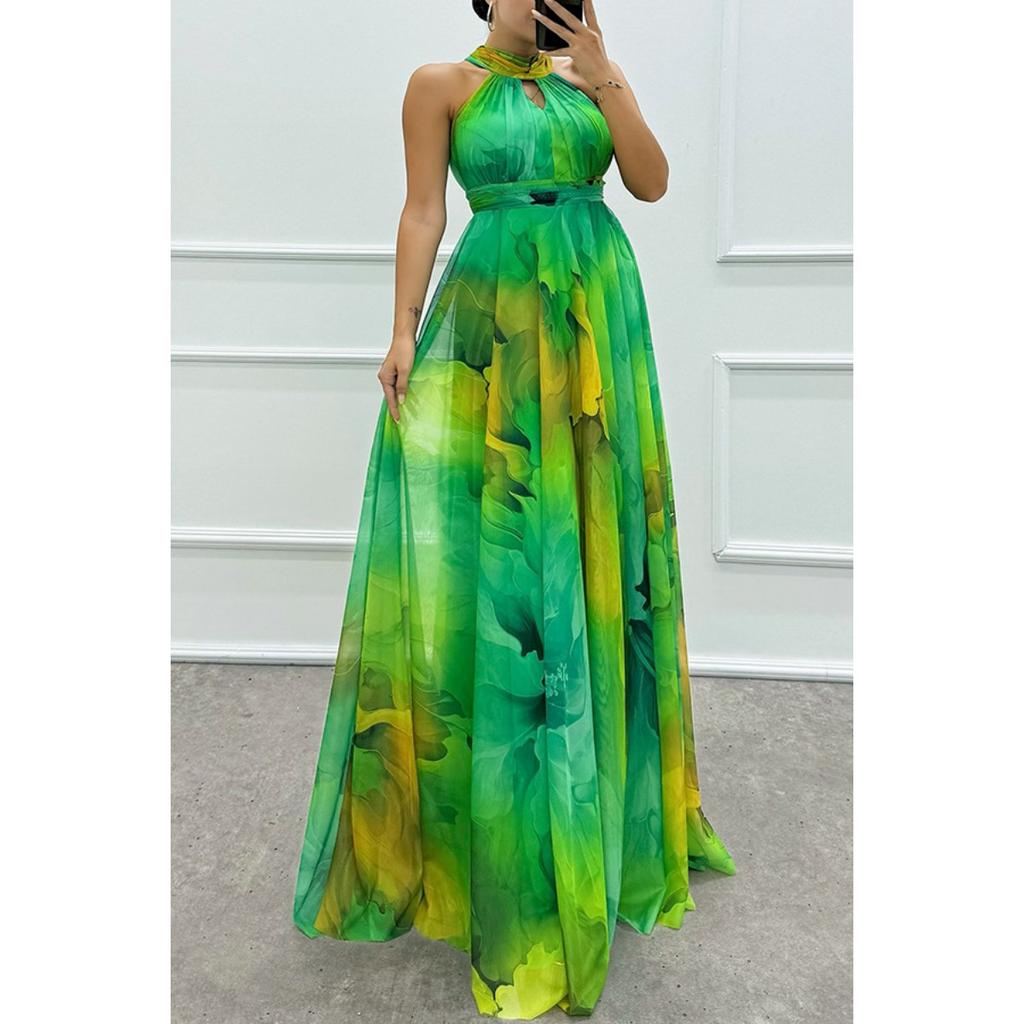 Women Halter Neck Sleeveless Printed Tie Waist Flowy Hem Dress, Casual Fashion Summer Dress for European American Women