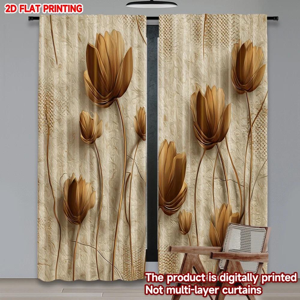 Flower Curtains Flat Digital Printing Brown Embossed Blossom Design Light Background Bedroom Living Room Decor Set Of 2 Made Polyester Sitting