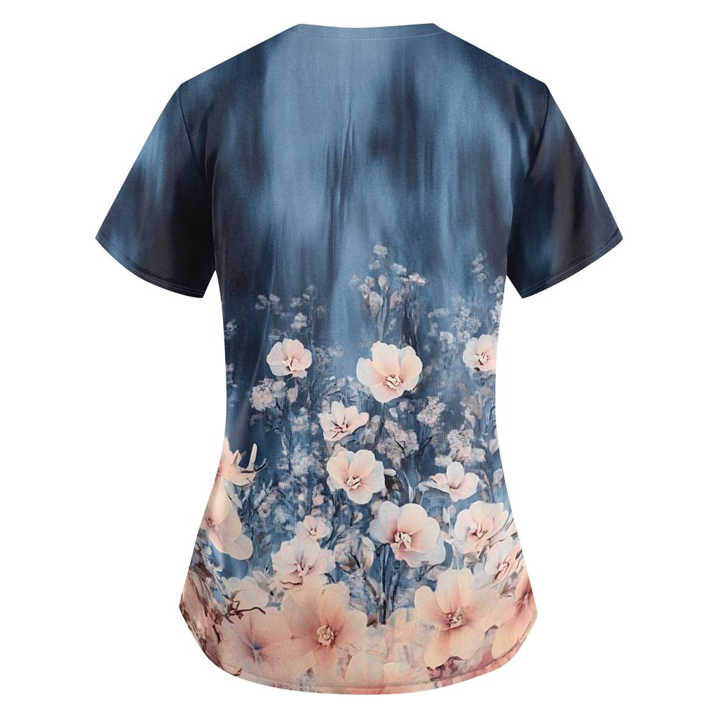 Women's Floral Print Loose Fit V Neck Short Sleeve Work Scrub Top with Pockets for Healthcare Professionals Nursing Uniform
