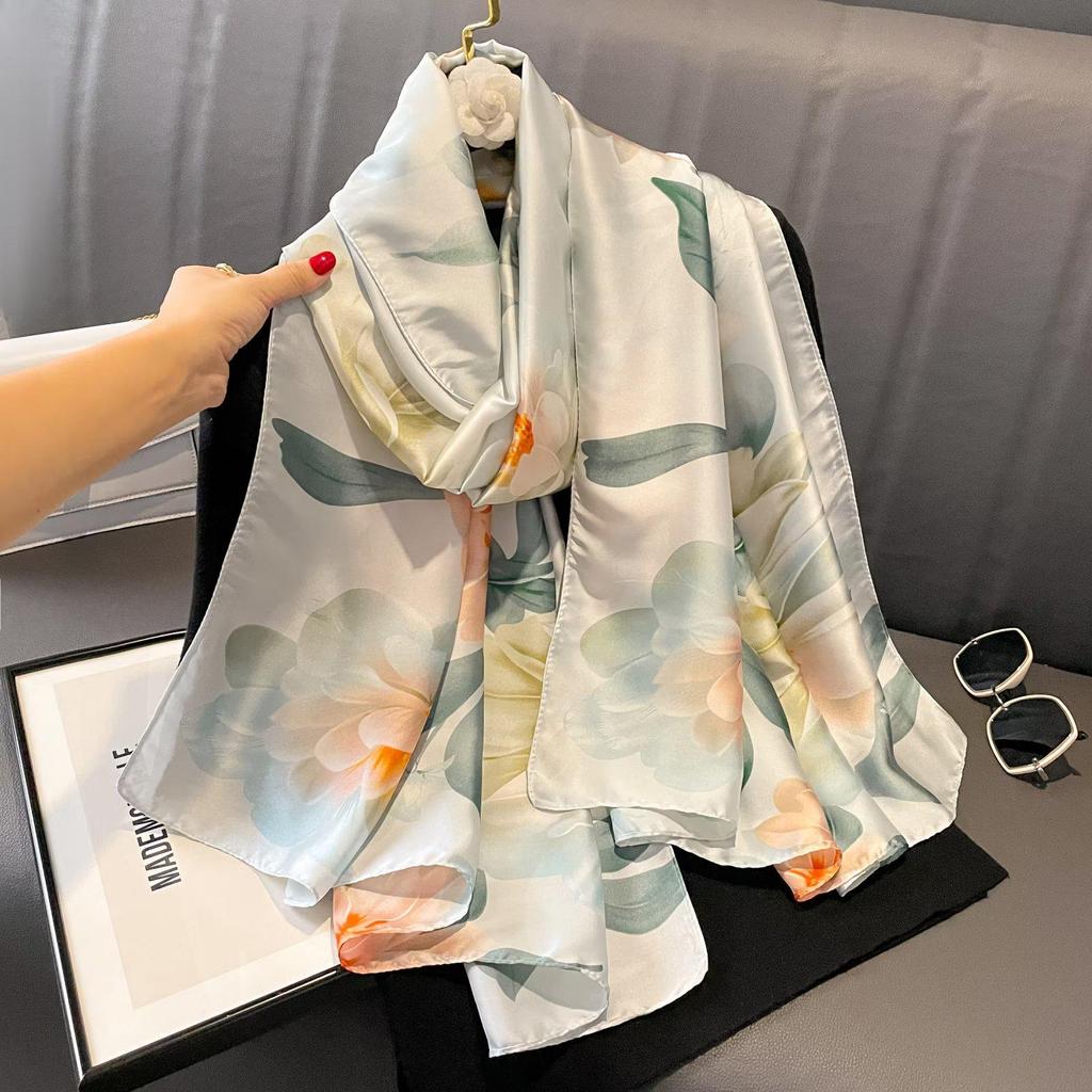 Blue & White Porcelain Silk Scarf: Women's Spring/Summer Li Brocade Cheongsam Shawl & Sun Protection Beach Towel