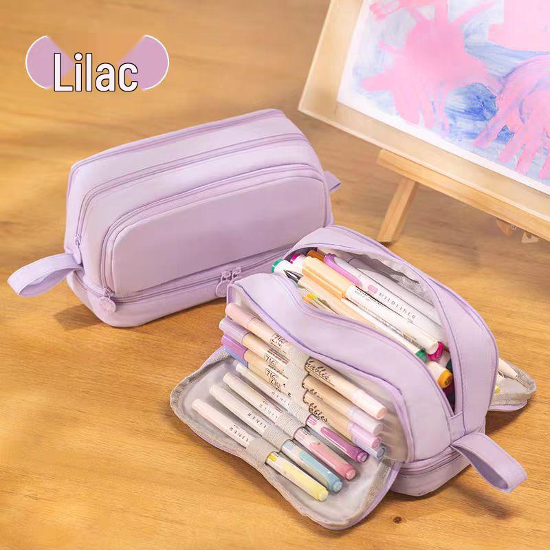 Double-Layer Stain-Resistant Pencil Case: Large-Capacity, Solid-Color Storage Bag for Students