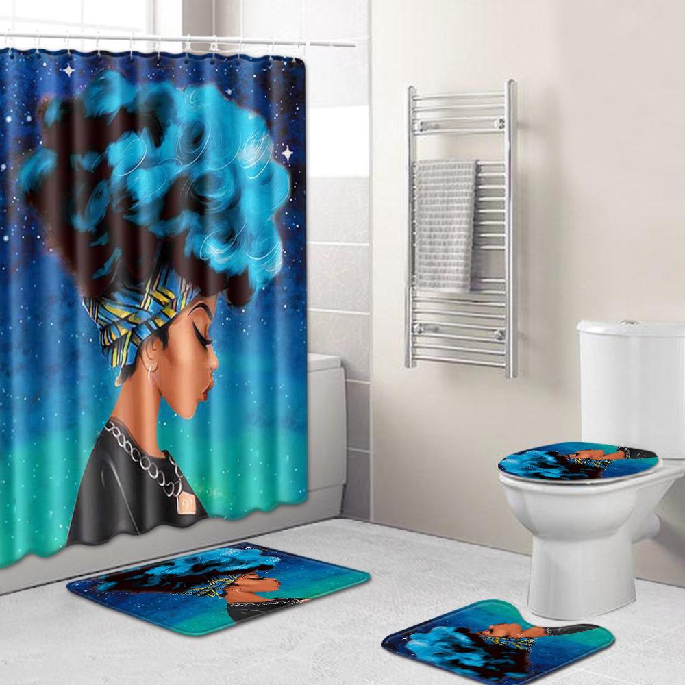 African American Women'S Bathroom Non-Slip Floor Mat, Shower Curtain Combination Carpet, European And American Wind Explosion Female Fixed Zhi
