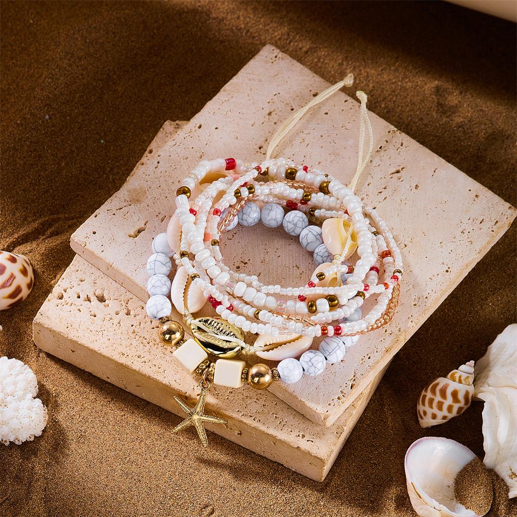 Bohemian Multilayer Shell Starfish Bracelets for Women Summer Beach Elastic Beaded Anklet Bracelet Set Vacation Jewelry Gift