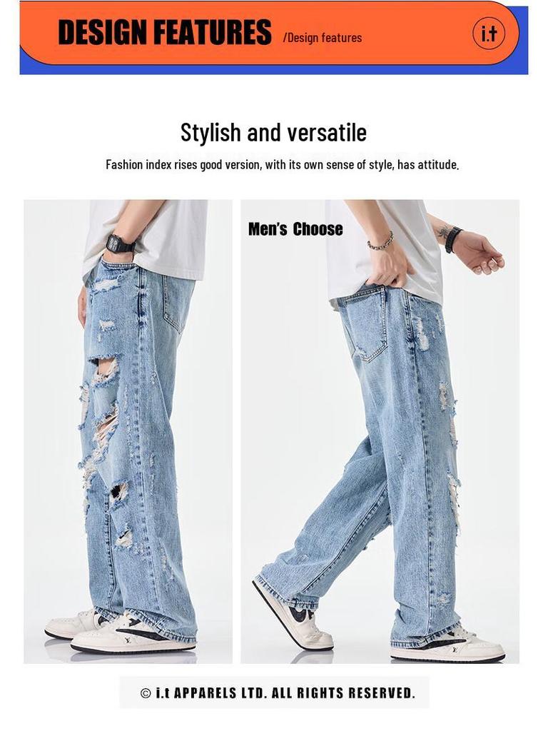 Izzue IT Men's Distressed Wide-Leg Straight Jeans