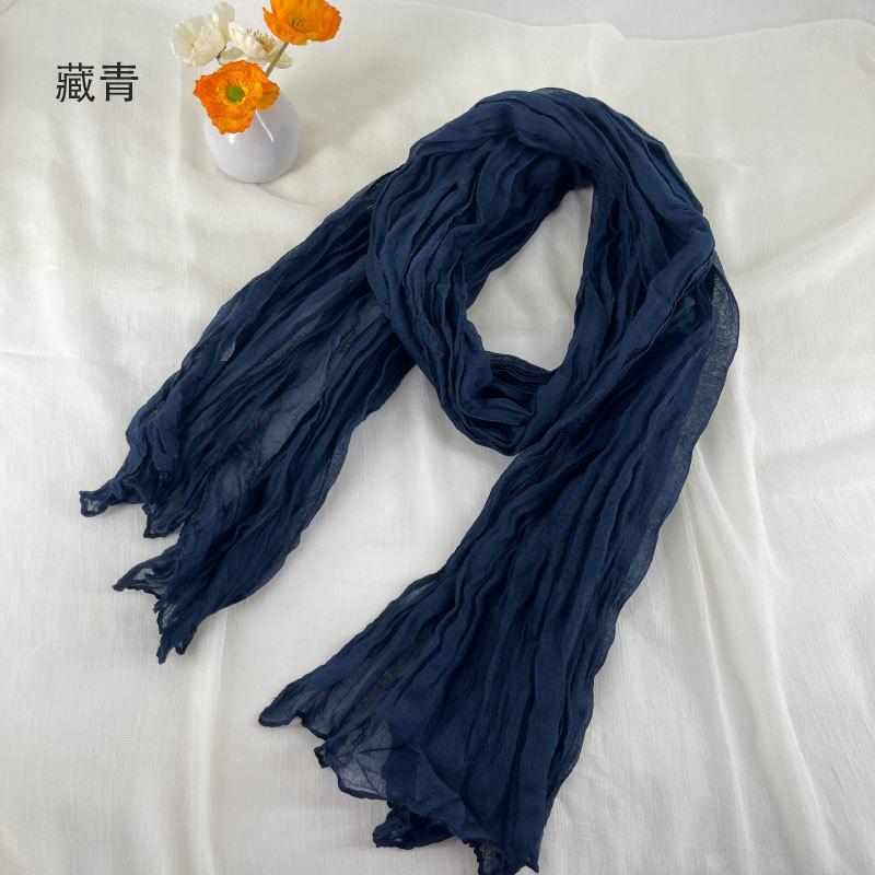 Women Soft Breathable Cotton and Linen Scarves Solid Color Pleated Scarf Retro Bohemian Style Long Wraps 180*90cm Multi Color