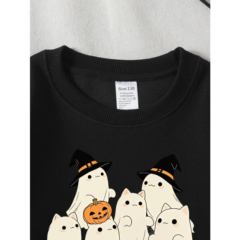 European Sizes Girls' Halloween Long-Sleeve Round-Neck Fun Print Casual Top, Kids' Autumn Clothing, for Trick-Or-Treat Parties.
