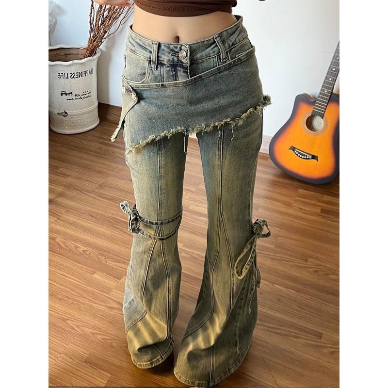 Jeans a zampa alla moda da High Street Donna Pantaloni in denim strappato Design bootcut Look vintage trendy