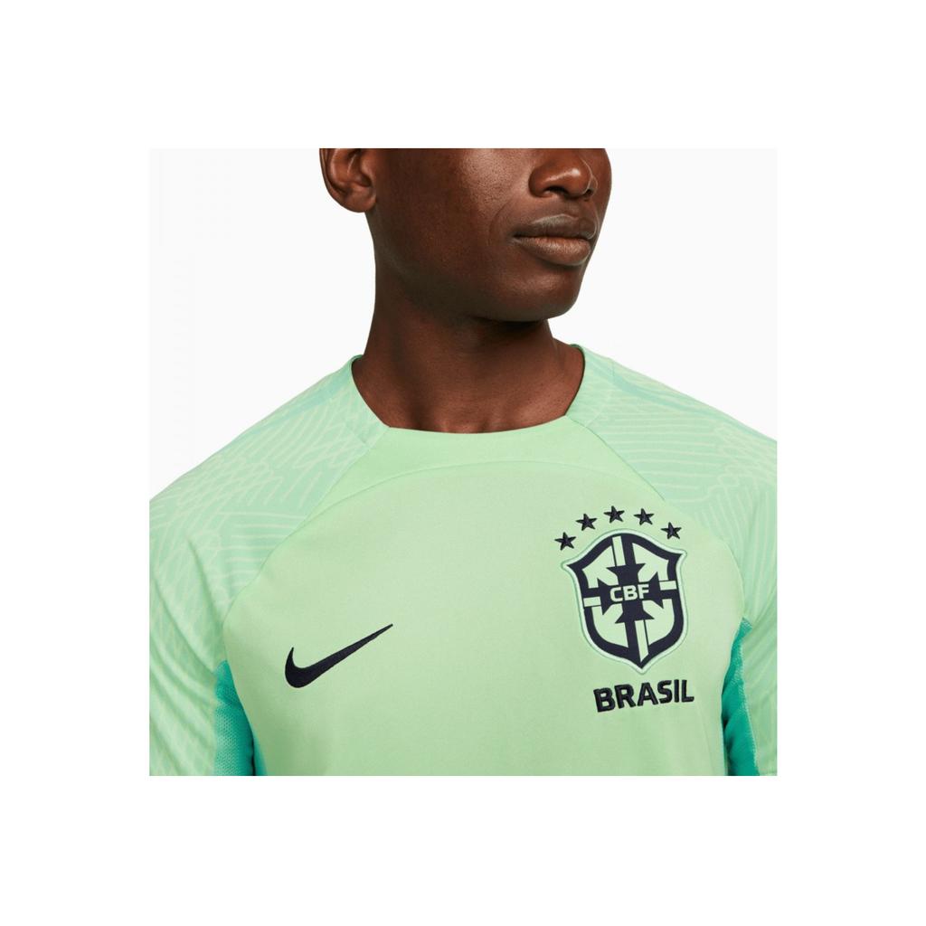 Nike Dri-Fit Strike Brazil National Team Soccer Training Series Logo Print Striped Crew Neck Short Sleeve T-Shirt Men Tops Light-Green DH6441-390