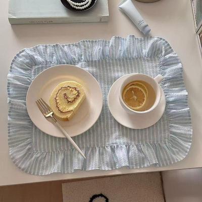 Rüschen Tischsets Rosa Blaue Streifen Platzset Set für Esstisch Küchen Dekoration Niedliche Waschbare Stoff Tischzubehör