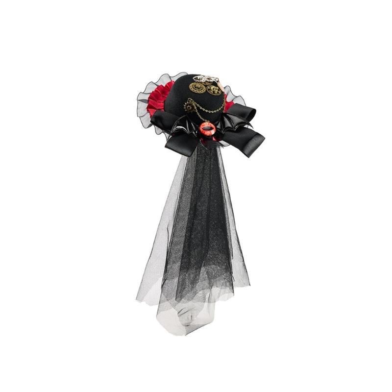 Steampunk Gothic Mini Top Hat with Metal Gear Chain and Lace Trim Unisex Creative Costume Headpiece for Halloween Party Cosplays
