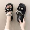 2025 new pearl beach sandals women's summer wear muffin platform flowers sweet one-word drag fairy wind sandals