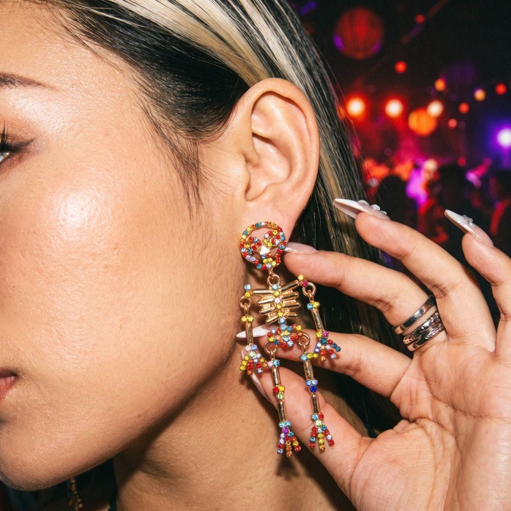 Crystal Halloween Skull Earrings Zircon Long Tassel Drop Earrings Skeleton Dangle Earrings  Unisex