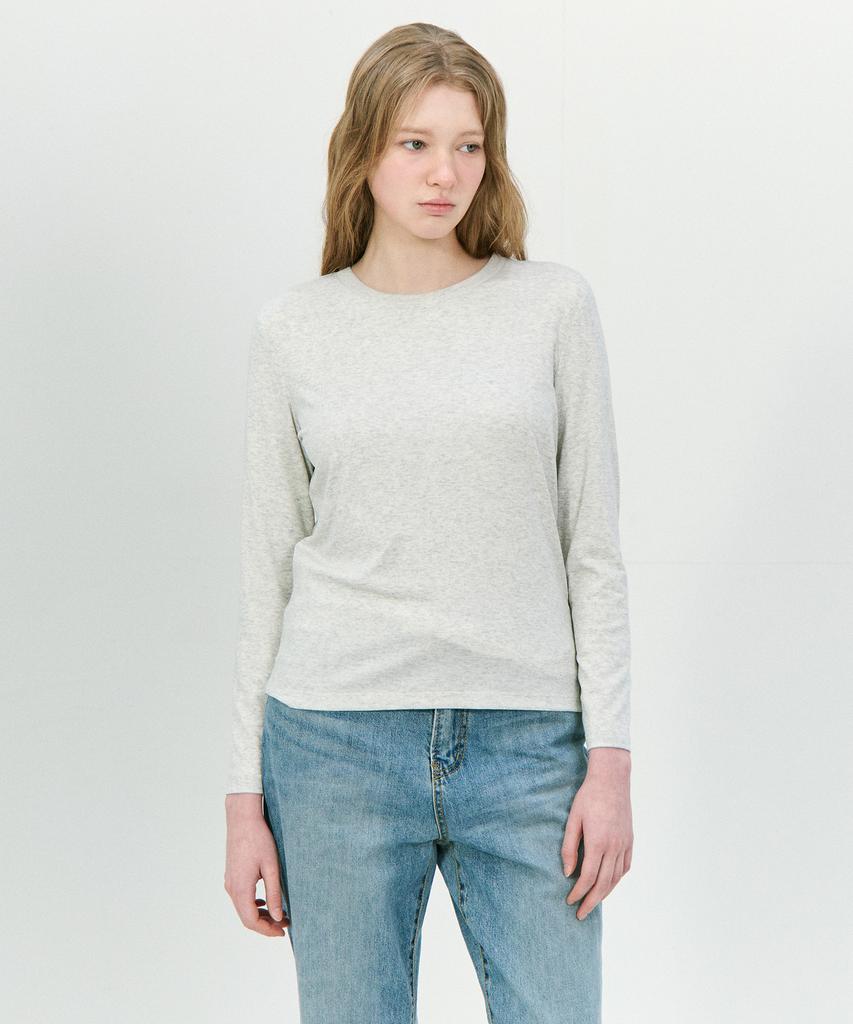 BASIC HOUSE Women'S Regular Fit Crew Neck Long Sleeve Tee Light Grey Lzts3215