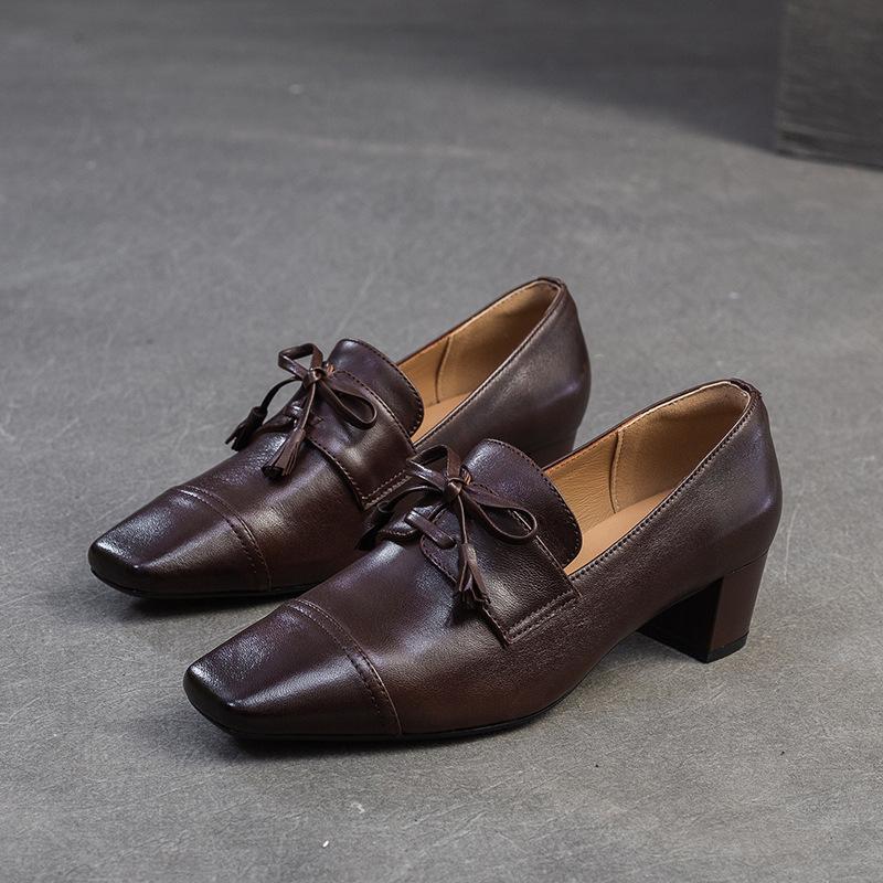 Johnature Retro Genuine Leather Pumps Square Toe Thick Heel Versatile Commuting Women's Shoes