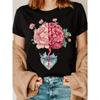 A Fun Heart-Shaped Printed T-Shirt Featuring a Floral Design of The Human Brain Women Round Neck And Short Sleeves