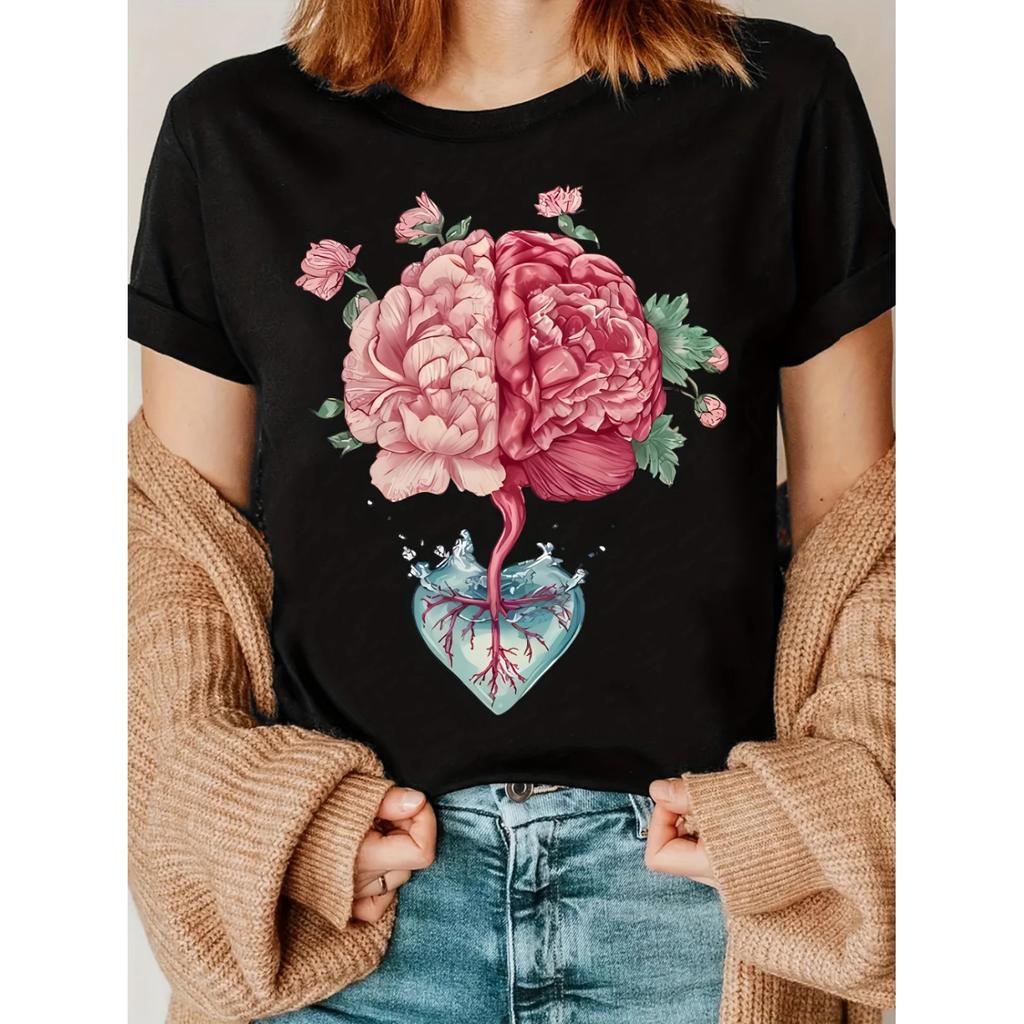 A Fun Heart-Shaped Printed T-Shirt Featuring a Floral Design of The Human Brain Women Round Neck And Short Sleeves