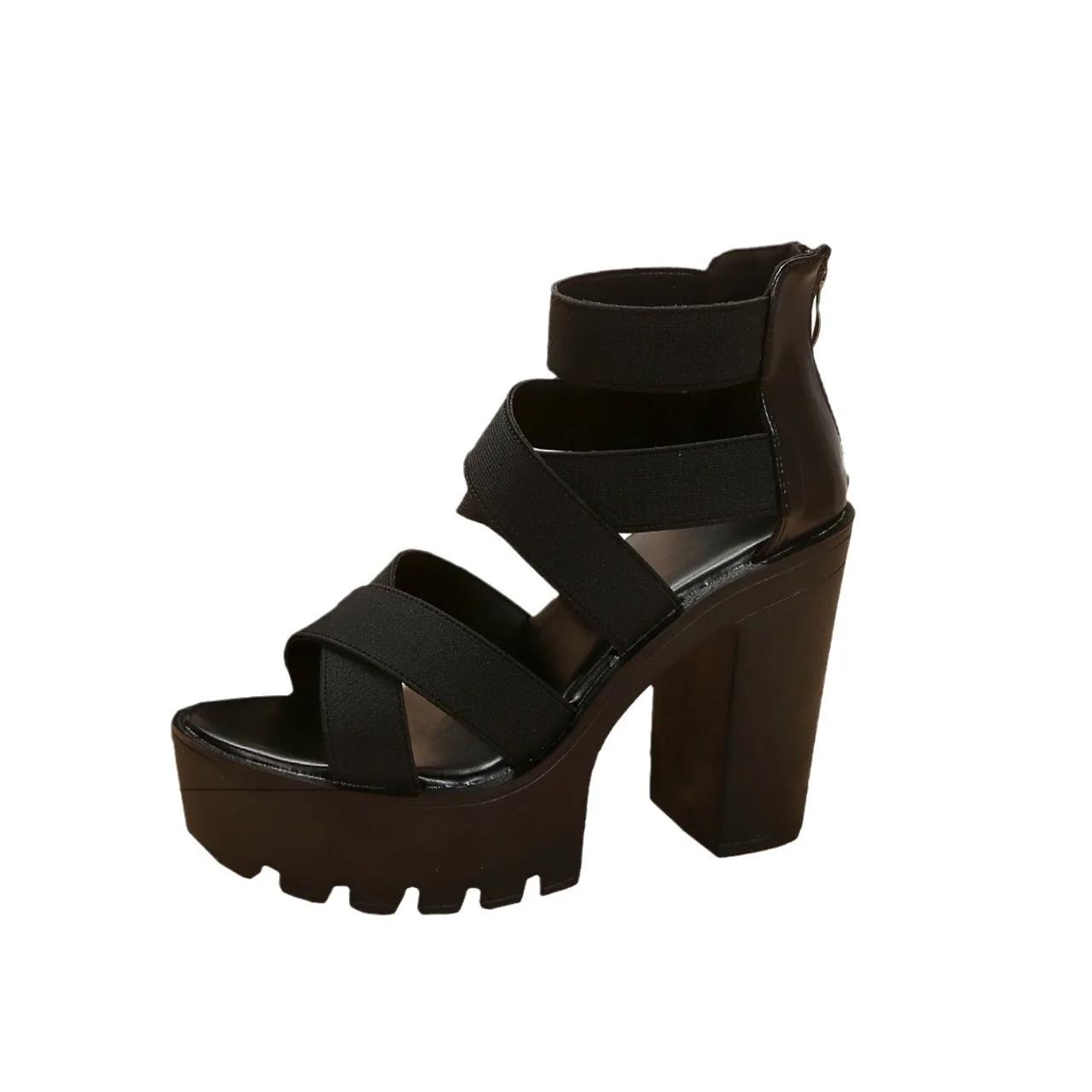 

2024 Панк-стиль толстые высокие каблуки платформы сандалии женские с открытым носком без застежки эластичный ремешок на щиколотке летние туфли женские 41 чёрный