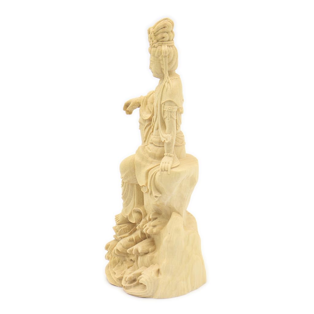 Specialty Buddhist Statue Kannon Bodhisattva Statue height width depth Miniature Kannon carving made from water boxwood with a rock base on the 8236