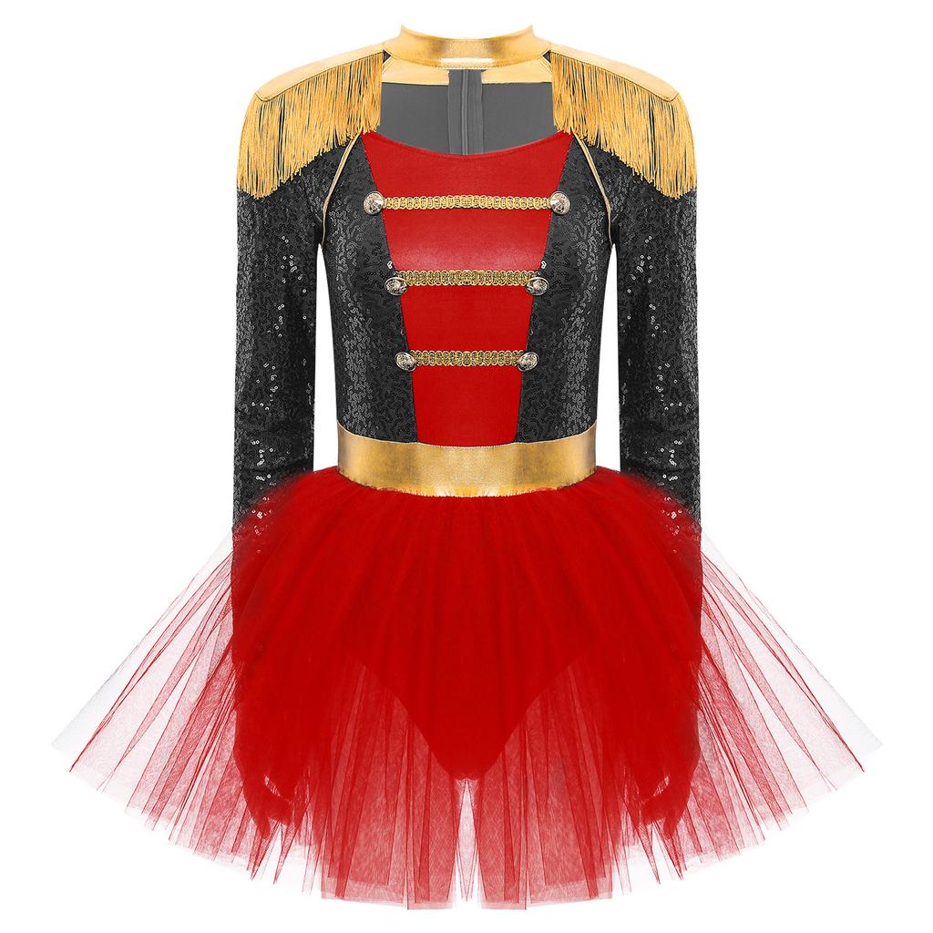 Womens Circus Ringmaster Tutu Dress Long Sleeve Tassel Shoulder Sequins Tulle Skirt Halloween Cosplay Costume