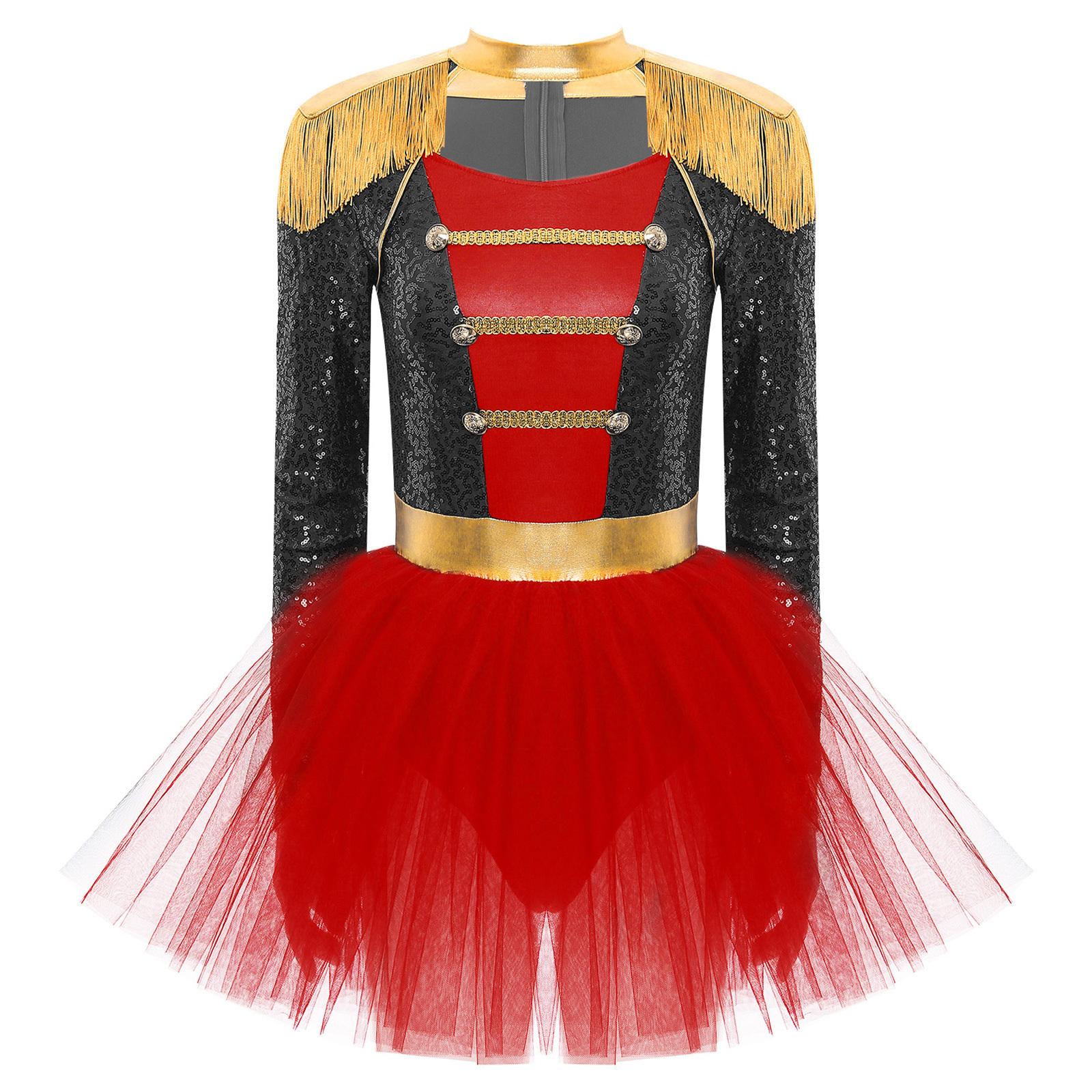 

Womens Circus Ringmaster Dress Long Sleeve Tassel Shoulder Boards Shiny Sequins Skirted Bodysuit Halloween Costume S чорний