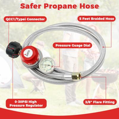 5FT Stainless Steel Brass Propane Regulator And Hose 30 PSI Adjustable Extension Hose Copper Propane Refill Hose for Turkey Frye