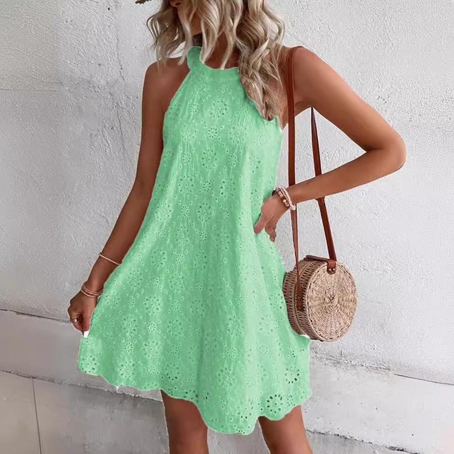 Women's Floral Lace Solid Sleeveless Buttoned V-Neck Dress - Summer New Arrivals